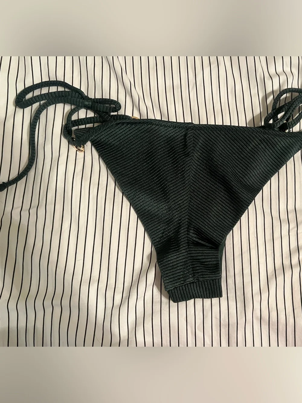 Aerie Shine Ribbed Green Tie-Side Cheeky Bikini Bottom, Size Smal
